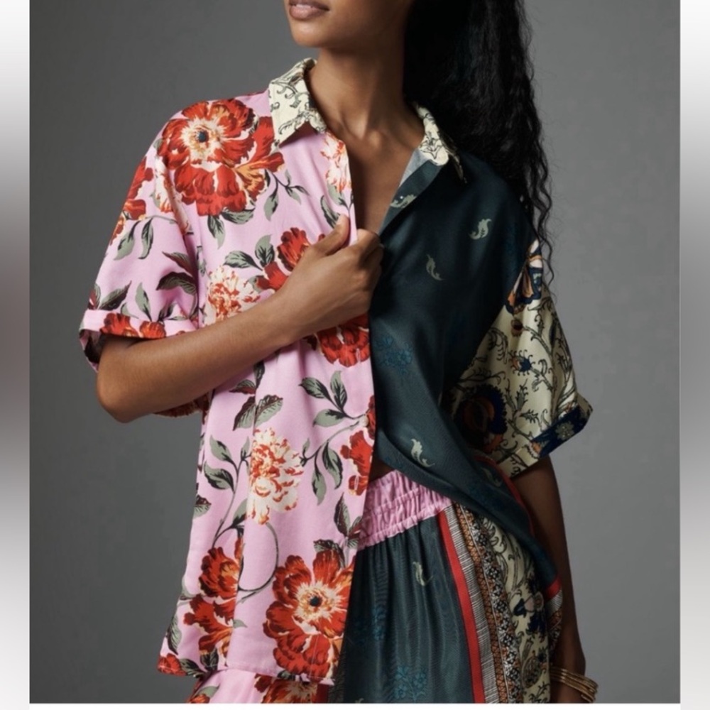 Anthropologie Floral Patchwork Button Down Shirt - Pink and Black